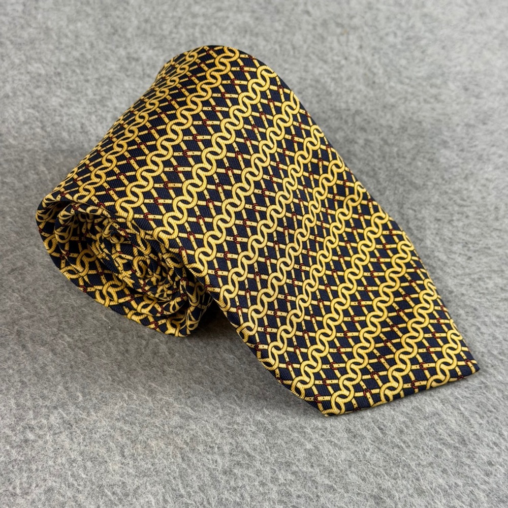 Vintage Brooks Brothers Makers Silk Tie Navy Gold Chain Link Geometric 57x3.6"